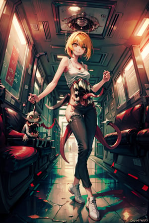 don quixote \(limbus company\),monster girl,full body, (in bus, bus interior:1.3),smiling,tanktop, (cyberpunk city), red sky, night,extra mouth, sharp teeth, body horror, sharp teeth,sharp teeth,dressed in trousers , long monster tongue