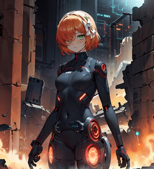 ,eggmantech,robot ,scifi ,  sageai, green eyes,  hair over one eye, black dress, glowing eyes, green eyes, orange hair, long hair,robotic,ishmael_limbus,a ruined city in the background, 1girl,cybernetic suit