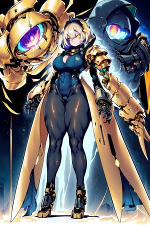 surreal, hyper realistic, HDR, 1girl, solo, futuristic, night time, (massive ass), wide hips, ((((thick thighs)))), ((((pantyhose)))), black mech suit, blue armor, ((big mechanical arms with claws)), (gold halo), (((blue jacket))), ((evil laugh and angry expression)), (apocalyptic sky), lightning, dark background, ((caret haircut), short (gold hair)), ((((gold glowing eyes)))), full body view, standing straight, ((spread legs)), mechanical legs, robot feet, relaxed, robotic accessories
,don quixote \(limbus company\),mechanical arms