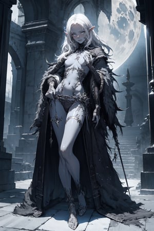 (masterpiece fantasy cinematic,  best quality,  night:1.3),  full body,  (a dark elf girl:1.1),  pointy ears,  (tiny,  petite,  18 years old:1.2),  white hair,  topless,  gothic clothes,  (colored skin,  grey skin,  dark skin:1.2),  (busty,  sexy:1.1),  medium tits,  narrow waist,  blush,  in love,  (giant silver glowing moon:1.1),  mystic background,  trending on DeviantArt