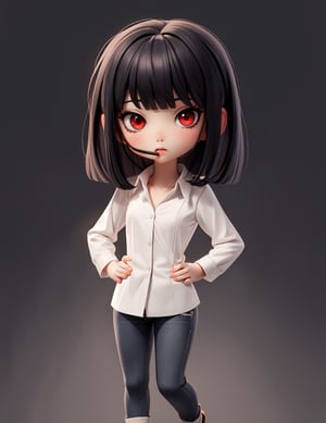  solo, chibi, full body, looking at viewer,  black hair,simple background,chibi,masterpiece, best quality, 1girl, red eyes, black hair, bangs, white shirt, cigaratte, smoking, cigar,rack,black jeans