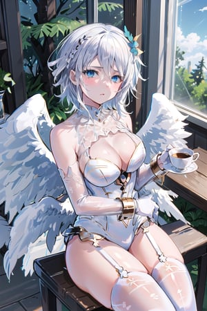 goddess outfit,faust_limbus,elbow gloves, white gloves, white thighhighs, garter straps,angel wings,thighs, leotard,short hair,thighhighs, elbow gloves,blue eyes, white hair,cozy room with a window overlooking the forest , a bed on the background , sitting on a chair , hot tea on the table,