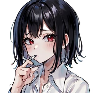 cigarette in the mouth, red eyes, short hair,black hair,NoBitchesHighly detailed, High Quality, Masterpiece, beautiful,solo, girl,white shirt,NoBitches