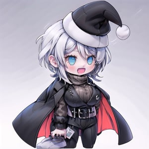 Padoru_Meme, 1girl, solo,red_hat,smile,large breasts,white hair,blue eyes, open mouth,faust_limbus,short hair,default_outfit, black coat, black vest, brown sweater, coat on shoulders, black belt, black pants, id card