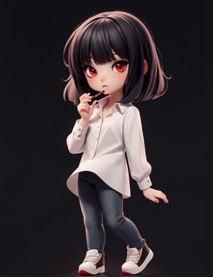  solo, chibi, full body, looking at viewer,  black hair,simple background,chibi,masterpiece, best quality, 1girl, red eyes, black hair, bangs, white shirt, cigaratte, smoking, cigar,rack,black jeans