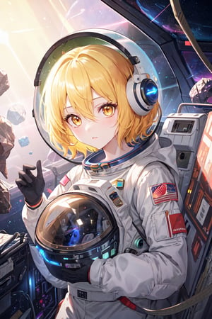 DonDef,masterpiece, best quality, highres,dondef, 1girl, solo, short hair, blonde hair, yellow eyes, hair between eyes, A bioluminescent astronaut in a hi-tech space suit, floating in the dark space among glowing asteroids, neon colors, high contrast,perfect light,transparent astronaut aquarium helmet