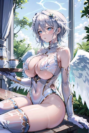 goddess outfit,faust_limbus,elbow gloves, white gloves, white thighhighs, garter straps,angel wings,thighs, leotard,short hair,thighhighs, elbow gloves,blue eyes, white hair,cozy room with a window overlooking the forest , a bed on the background , sitting on a chair , hot tea on the table,halo,a cup of tea is on the table,elaborate background,,innerboob,center opening,no bra, leotard,navel,underboob,huge breasts, feathers, 