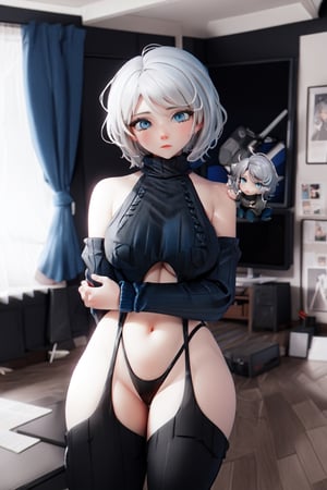 masterpiece, best quality, highres, pvc, render, chibi,masterpiece, best quality, ,1girl, grey hair,short hair, blue eyes,bodysuit, medium breasts,clothing cutout,background,vds,faust_limbus,detached sleeves, black sweater, black thighhighs, black panties,best hands,cozy room,room,black sleeves,3D,