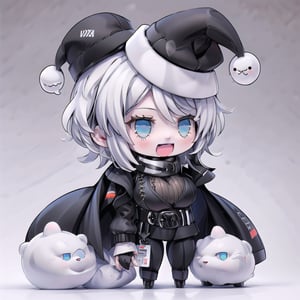 Padoru_Meme, 1girl, solo,red_hat,smile,large breasts,white hair,blue eyes, open mouth,faust_limbus,short hair,default_outfit, black coat, black vest, brown sweater, coat on shoulders, black belt, black pants, id card