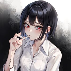 cigarette in the mouth, red eyes, short hair,black hair,NoBitchesHighly detailed, High Quality, Masterpiece, beautiful,solo, girl,white shirt