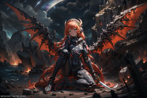 ear,mecha_musume,headgear,mechanical_arms,bodysuit,masterpiece, best quality,dragon, molten_rock, galaxy,sky,(wings),star \(sky\),night,starry,sky,Broken urban background, full body, women, holding a sword in his hand,ishmael_limbus,flying in the sky over the sea,a woman is sitting in fur,the face is clear