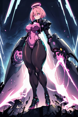 surreal, hyper realistic, HDR, 1girl, solo, futuristic, night time, (massive ass), wide hips, ((((thick thighs)))), ((((pantyhose)))), black mech suit, blue armor, ((big mechanical arms with claws)), (gold halo), (((blue jacket))), ((evil laugh and angry expression)), (apocalyptic sky), lightning, dark background, ((caret haircut), short (pink hair)), ((((pink glowing eyes)))), full body view, standing straight, ((spread legs)), mechanical legs, robot feet, relaxed, robotic accessories
,don quixote \(limbus company\),mechanical arms