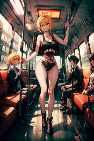 don quixote \(limbus company\),monster girl,full body, (in bus, bus interior:1.3),smiling,tanktop, (cyberpunk city), red sky, night,extra mouth, sharp teeth, body horror, sharp teeth,