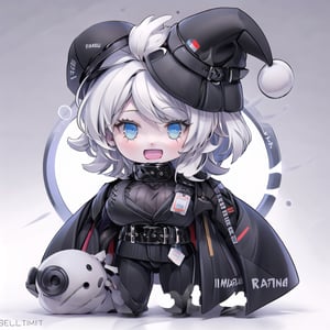 Padoru_Meme, 1girl, solo,red_hat,smile,large breasts,white hair,blue eyes, open mouth,faust_limbus,short hair,default_outfit, black coat, black vest, brown sweater, coat on shoulders, black belt, black pants, id card