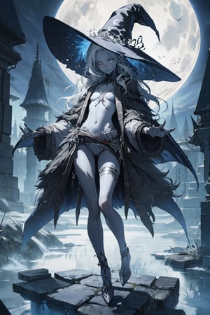 (masterpiece fantasy cinematic,  best quality,  night:1.3),  full body,  (a dark elf girl:1.1),  pointy ears,  (tiny,  petite,  18 years old:1.2),  white hair,  topless,  gothic clothes,  (colored skin,  grey skin,  dark skin:1.2),  (busty,  sexy:1.1),  medium tits,  narrow waist,  blush,  in love,  (giant silver glowing moon:1.1),  mystic background,  trending on DeviantArt,open chest , 4 arms,the witch's hat,Ranni,black hair