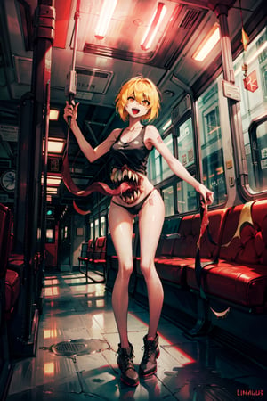 don quixote \(limbus company\),monster girl,full body, (in bus, bus interior:1.3),smiling,tanktop, (cyberpunk city), red sky, night,extra mouth, sharp teeth, body horror, sharp teeth,sharp teeth,open mouth , long monster tongue