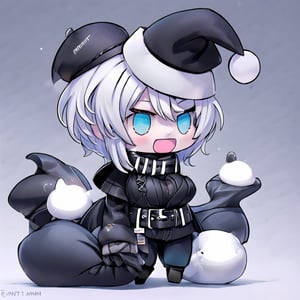 Padoru_Meme, 1girl, solo,red_hat,smile,large breasts,white hair,blue eyes, open mouth,faust_limbus,short hair,default_outfit, black coat, black vest, brown sweater, coat on shoulders, black belt, black pants, id card