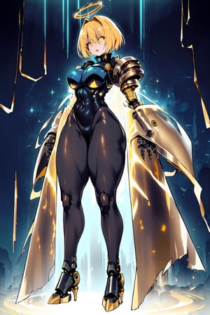 surreal, hyper realistic, HDR, 1girl, solo, futuristic, night time, (massive ass), wide hips, ((((thick thighs)))), ((((pantyhose)))), black mech suit, blue armor, ((big mechanical arms with claws)), (gold halo), (((blue jacket))), ((evil laugh and angry expression)), (apocalyptic sky), lightning, dark background, ((caret haircut), short (gold hair)), ((((gold glowing eyes)))), full body view, standing straight, ((spread legs)), mechanical legs, robot feet, relaxed, robotic accessories
,don quixote \(limbus company\),mechanical arms