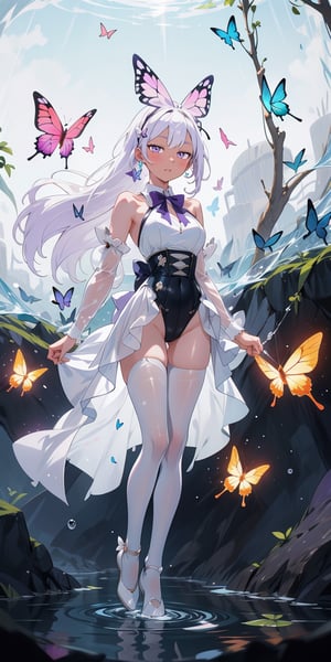 A girl with long white hair with lilac bow with ribbon, white skin, wearing transparent water style clothes, water everywhere, all around, water background, transparent, beautiful lighting, amazing detailed lighting with particles, full_body, butterflies_around. ,don quixote \(limbus company\)