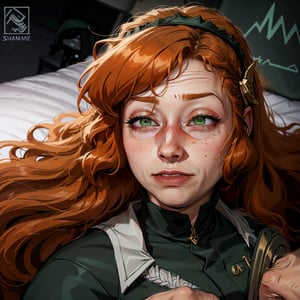 Highly detailed, High Quality, Masterpiece, beautiful, IncrsLimmyWakingUpMeme, , 1girl, green eyes, ,ishmael_limbus,IncrsLimmyWakingUpMeme,orange hair, long hair,