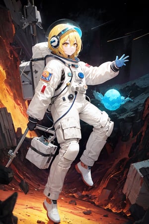 DonDef,masterpiece, best quality, highres,dondef, 1girl, solo, short hair, blonde hair, yellow eyes, hair between eyes, A bioluminescent astronaut in a hi-tech space suit, floating in the dark space among glowing asteroids, neon colors, high contrast,perfect light,transparent astronaut aquarium helmet,side view,full body