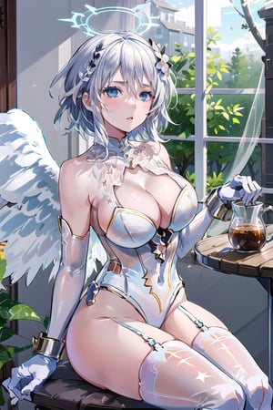 goddess outfit,faust_limbus,elbow gloves, white gloves, white thighhighs, garter straps,angel wings,thighs, leotard,short hair,thighhighs, elbow gloves,blue eyes, white hair,cozy room with a window overlooking the forest , a bed on the background , sitting on a chair , hot tea on the table,halo,a cup of tea is on the table,elaborate background