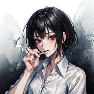 cigarette in the mouth, red eyes, short hair,black hair,NoBitchesHighly detailed, High Quality, Masterpiece, beautiful,solo, girl,white shirt