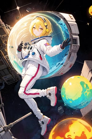 DonDef,masterpiece, best quality, highres,dondef, 1girl, solo, short hair, blonde hair, yellow eyes, hair between eyes, A bioluminescent astronaut in a hi-tech space suit, floating in the dark space among glowing asteroids, neon colors, high contrast,perfect light,transparent astronaut aquarium helmet,side view,full body