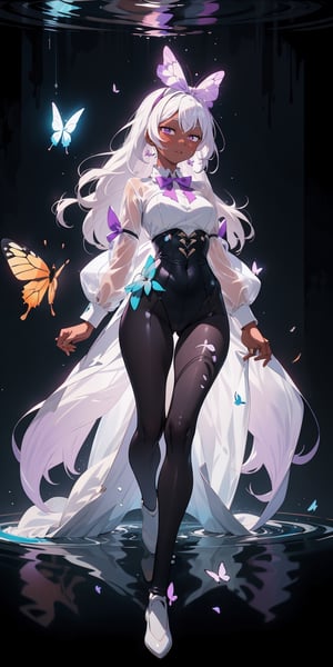 A girl with long white hair with lilac bow with ribbon, dark skin, wearing transparent water style clothes, water everywhere, all around, water background, transparent, beautiful lighting, amazing detailed lighting with particles, full_body, butterflies_around. ,don quixote \(limbus company\)