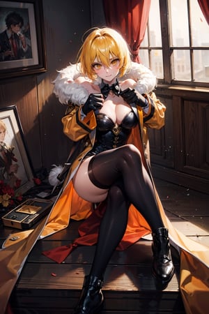 masterpiece, best quality, 1girl,yellow eyes, blonde hair, short hair, orange fur coat,open neck, blush,look of contempt,open chest,(masterpiece:1.3, best quality:1.3), (8k, highres, raytracing, perfect lighting, OverallDetail, detailed), foot curtain with legs,dress,don quixote \(limbus company\)