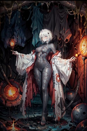 (living clothes:1.3),faust_limbus, robe,(torn clothes, wet, slime, livcloth, tentacles, living clothes),location dungeon ,prison on the background , torches on the background,bodily modifications