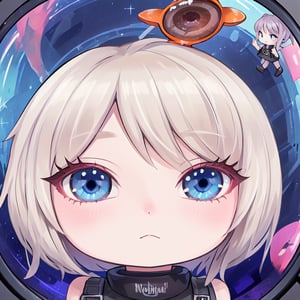 close up,chibi,female,orange bobcut, ponytails,blue eye,closed mouth,fisheye, default_outfit,