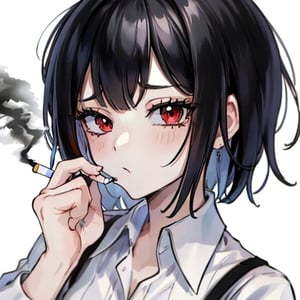 cigarette in the mouth, red eyes, short hair,black hair,NoBitchesHighly detailed, High Quality, Masterpiece, beautiful,solo, girl,white shirt,NoBitches