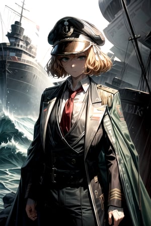 (A small chest:1.2),(masterpiece, best quality:1.2),(beautiful,  perfect, delicate, intricate:1.1),1 girl,adult  woman,light green eyes,orange half-up half-down hairstyle,solo,upper body,looking down,detailed background,ship captain,serious,dark green neon captain uniform,elegant cloak,green captain hat,decorations,dynamic pose,on deck of ship,anchor,dawn,dramatic lighting,epic atmosphere,waves on the horizon,milokk,standing on the deck of the ship
