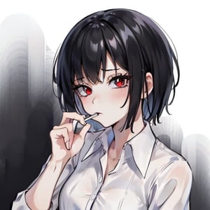 cigarette in the mouth, red eyes, short hair,black hair,NoBitchesHighly detailed, High Quality, Masterpiece, beautiful,solo, girl,white shirt,NoBitches