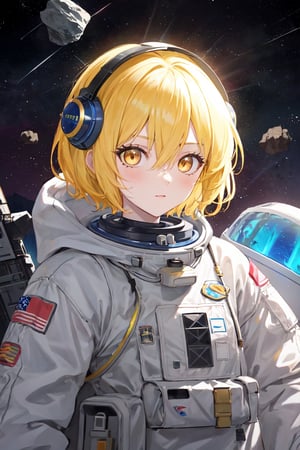 DonDef,masterpiece, best quality, highres,dondef, 1girl, solo, short hair, blonde hair, yellow eyes, hair between eyes, A bioluminescent astronaut in a hi-tech space suit, floating in the dark space among glowing asteroids, neon colors, high contrast,perfect light,transparent astronaut aquarium helmet