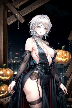 masterpiece, Beautiful woman in anime style, stylish pose, 
heart-shaped eyes, witch, Woman dressed in a spooky Halloween costume, holding a carved pumpkin, surrounded by pumpkin, 
8k, very clear, bare shoulders, looking at viewer, shoulder cutout, simple background, solo, highest quality, high resolution. 
best quality, illustration, showing panties, sax blue, platinum earrings, platinum necklace, 1girl, cute, (dynamic lighting:1.2), cinematic lighting, delicate facial features, detailed eyes, sharp pupils, realistic pupils, depth of field, bokeh, sharp focus, (hyper-detailed, bloom, glow:1.4), many small gems,faust_limbus, large ass, thick eyelashes, long eyelashes, (revealing dress:1.5 + fishnets:1.3 + arm straps:1.4 + thigh highs:1.4, large earrings, choker, bracelets,  cute smile:1.4, seductive:1.6, looking at viewer:1.4,sexy