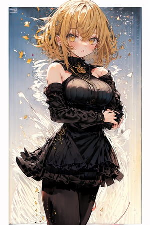 (masterpiece, best quality, high resolution:1.3), ultra resolution image, (1 girl), (solo), kawaii,short hair, black hoodie,standing,black strapless dress,don quixote \(limbus company\),black strapless dress,cloak,black pantyhose,dark background , yellow hair, the mine on the background,beautiful background,hands on the straps