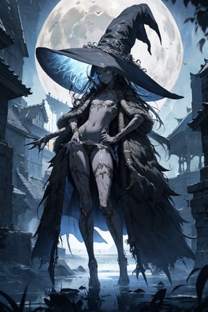 (masterpiece fantasy cinematic,  best quality,  night:1.3),  full body,  (a dark elf girl:1.1),  pointy ears,  (tiny,  petite,  18 years old:1.2),    topless,  gothic clothes,  (colored skin,  grey skin,  dark skin:1.2),  (busty,  sexy:1.1),  medium tits,  narrow waist,  blush,  in love,  (giant silver glowing moon:1.1),  mystic background,  trending on DeviantArt,open chest , 4 arms,the witch's hat,Ranni,black hair