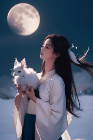Girl in Hanfu flying over the moon in full growth, Long white hair blowing in the wind, holding a rabbit in his hands, snow-white blue clothes, mythology of china, perfect body and face, perfect hands, Flying Petals,sexyfashion03, Realistic, Succinct, Beautiful Light