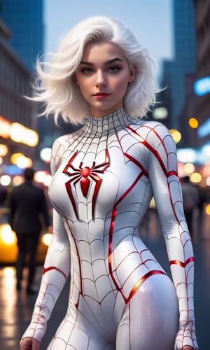 22yo youthful girl, pudgy cheeks, most beautiful Italian face, detailed face, pale skin, perfect sexy plus size toned body, (white Spiderman suit:1.5), large perky breasts, huge but, gorgeous short white hair, building, city lights, neon lights, movie lights, dramatic, look at viewer, (photorealistic:1.4), standing in sideways,(full body:1.3)