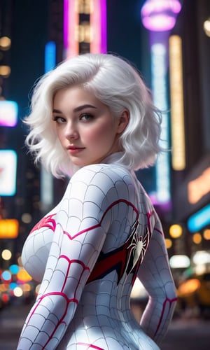 22yo youthful girl, pudgy cheeks, most beautiful face, detailed face, pale skin, perfect sexy plus size toned body, white Spiderman suit, medium perky breasts, huge but, gorgeous short white hair, building, city lights, neon lights, movie lights, dramatic, photorealistic, standing in sideways,(full body:1.2)