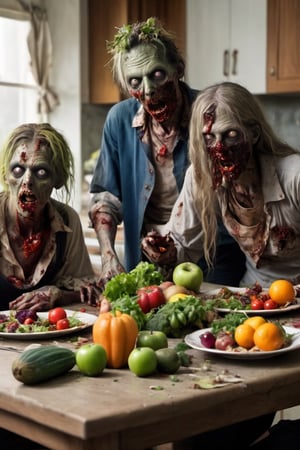 Weird and horrifying 5 zombies are in the kitchen, eating fruits and vegetables scattered on the dining table, wearing torn and dirty clothes