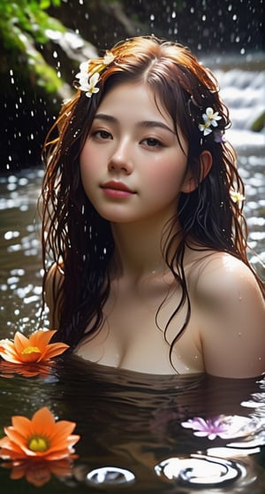 18yo girl, cute japanese face, pale skin, messy wet hair, wet body, wet face, slightly smile, chubby body, thin lips, submerged in river, waterfall, beautiful nature, dramatic scene, flowers falling around her, (falling flowers:1.5), water reflection, official wallpapers, natural censored, lights flare,xxmix_girl