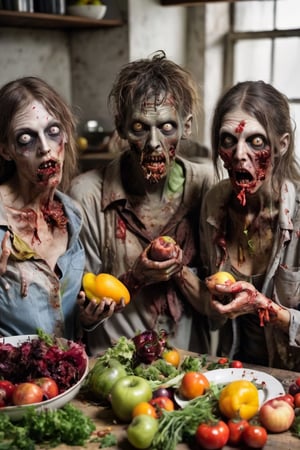 Weird and horrifying group of zombies are in the kitchen, eating fruits and vegetables scattered on the dining table, wearing torn and dirty clothes