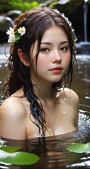 18yo girl, cute japanese face, pale skin, messy wet hair, wet body, wet face, slightly smile, chubby body, thin lips, submerged in river, waterfall, beautiful nature, dramatic scene, flowers falling around her, (falling flowers:1.5), water reflection, official wallpapers, natural censored, lights flare,xxmix_girl