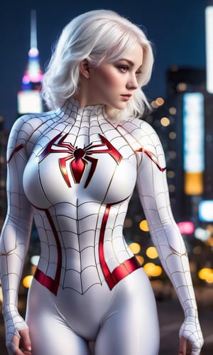 22yo youthful girl, pudgy cheeks, most beautiful face, detailed face, pale skin, (sexy plus size body:1.4), (white Spiderman suit:1.5, detailed costume), large perky breasts, gorgeous short white hair, building, city lights, neon lights, movie lights, dramatic, look at viewer, (photorealistic:1.4), standing in sideways, upper body shot