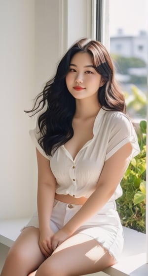 18yo girl, cute japanese face, pale skin, huge chubby body, thin lips, slightly smile, gorgeous long wavy black hair, medium perky breast, white short sleeve blouse, white short jeans, sitting and seductive pose, aesthetic white wall, table, window, morning sunlight, popular Instagram style photo