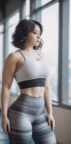 portrait a woman, pretty Japanese face, short wavy hair, (white pale skin:1.4), (chubby body:0.6), toned abs, navel, big curvy toned thighs, huge but, tight fitting gymwear, leggings, seductive pose, standing sideways, depth of field, gym indoor shot,LinkGirl