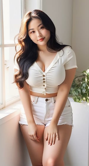 18yo girl, cute japanese face, pale skin, huge chubby body, thin lips, slightly smile, gorgeous long wavy black hair, medium perky breast, cleavage, white short sleeve blouse, white short jeans, sitting and seductive pose, aesthetic white wall, table, window, morning sunlight, popular Instagram style photo